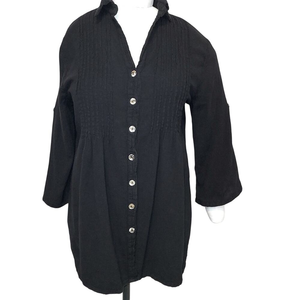 Vintage Dunes Black Shell Buttons Long Shirt Textured Button Up Blouse Top Large